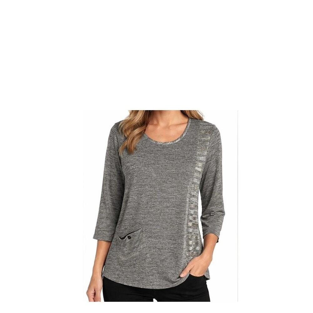 Focus Top Womens Size M Gray Pullover Tunic Front Pocket Gold Silver Graphic EUC